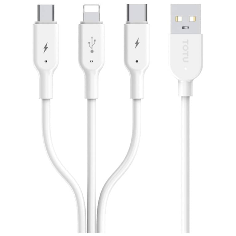 Cable Adaptateur MM USB 2.0 vers 1x Micro USB, 1x USB 2TypeC, 1x Lightning,  1.2m Blanc (Totu B3B-001)