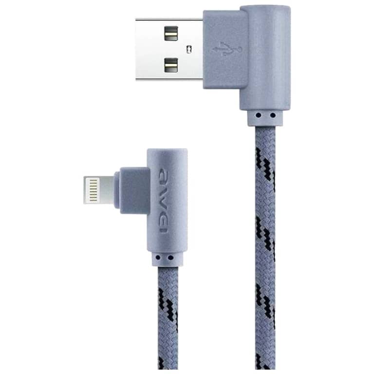Cable Adaptateur MM USB 2.0 vers 1x Lightning,  2.0m  Coudé Gris (Awei CL-92GR)