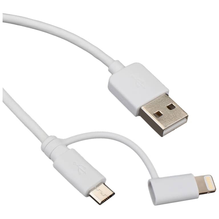 Cable Adaptateur MM USB 2.0 vers 1x Micro USB, 1x Lightning,  1.0m Blanc (MM-US2.xxx-0010WT)