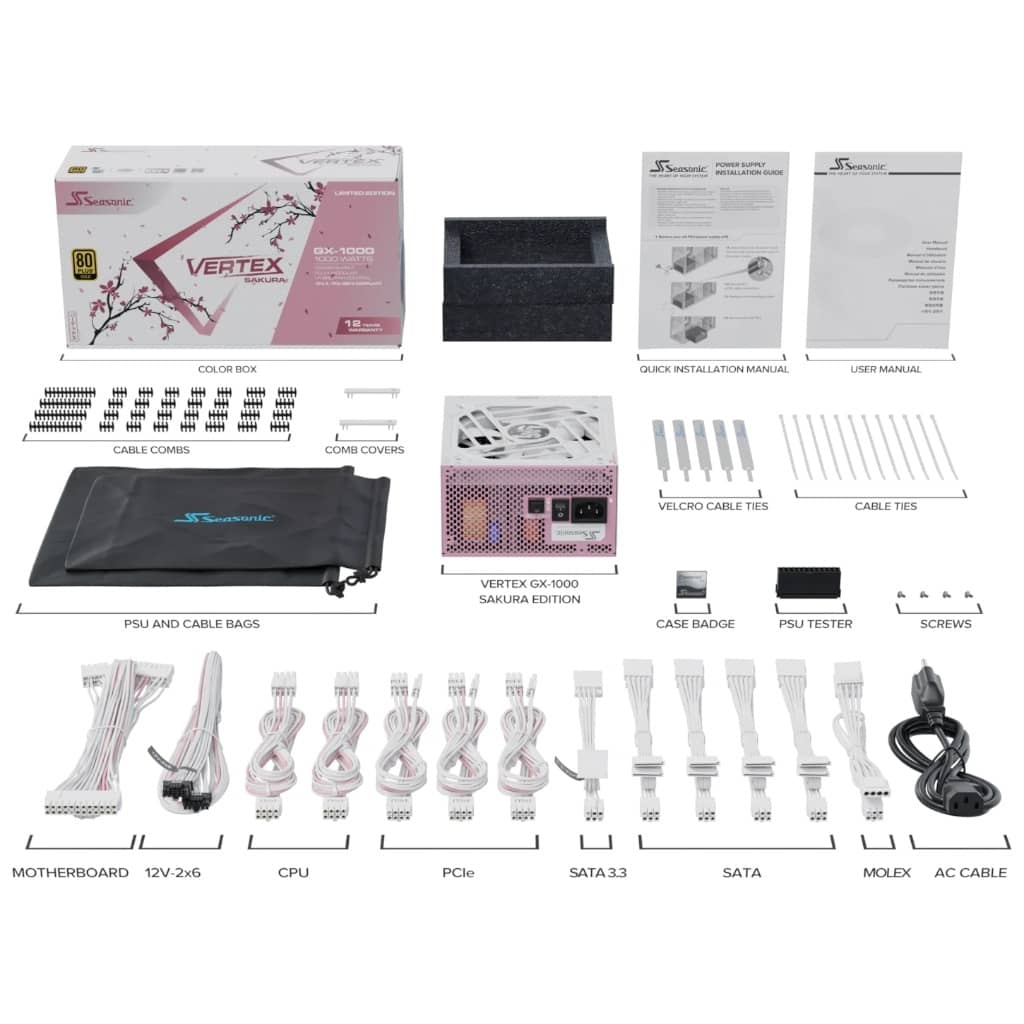 Alimentation ATX3.0 Seasonic VERTEX GX WHITE, 1000W Modulaire 80PLUS Gold, Sakura Edition _ 12102GXAFS