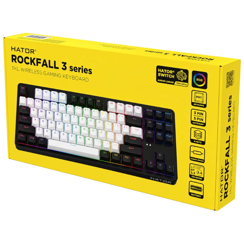 Clavier Sans fil Bluetooth/RF Hator Rockfall3 TKL Wireless, Noir/Blanc/LED _ HTK850FR