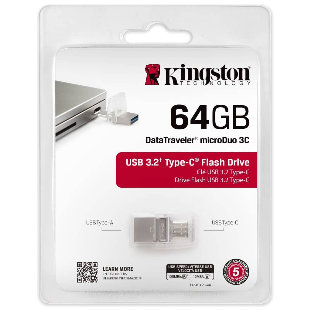 Clé USB 3.1 Kingston DataTraveler MicroDuo 3C,  64Go Gris (DTDUO3C/64GB)