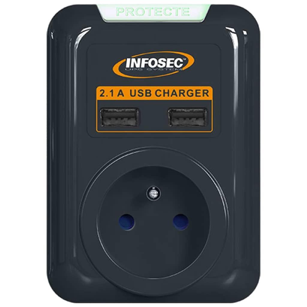 Multiprise parafoudre Infosec S1 USB NEO, 1x Secteur + 2x USB 2.0 _ 61297N1