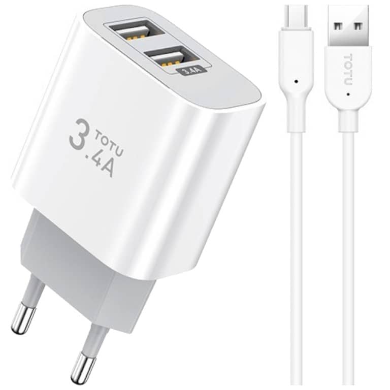 Chargeur secteur pour Smartphone et Tablette, 3.4A Blanc 2x USB 2.0 18W (Totu CACA-021 Micro USB)