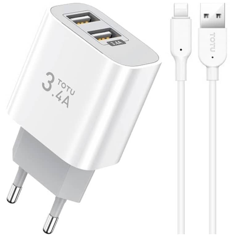 Chargeur secteur pour Smartphone et Tablette, 3.4A Blanc 2x USB 2.0 18W (Totu CACA-021 Lightning)