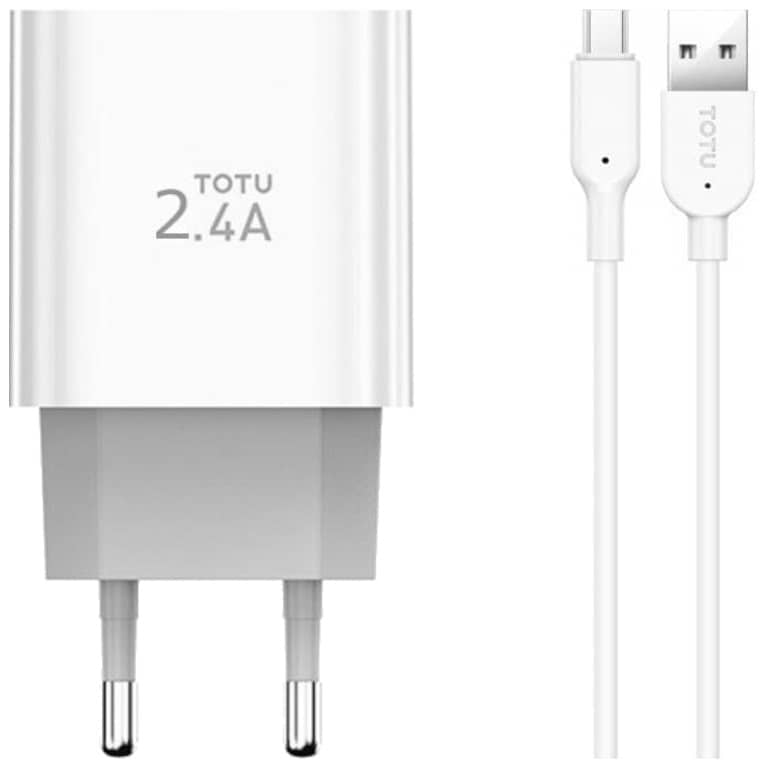 Chargeur secteur pour Smartphone et Tablette, 2.4A Blanc 2x USB 2.0 12W (Totu CACA-019 Micro USB)