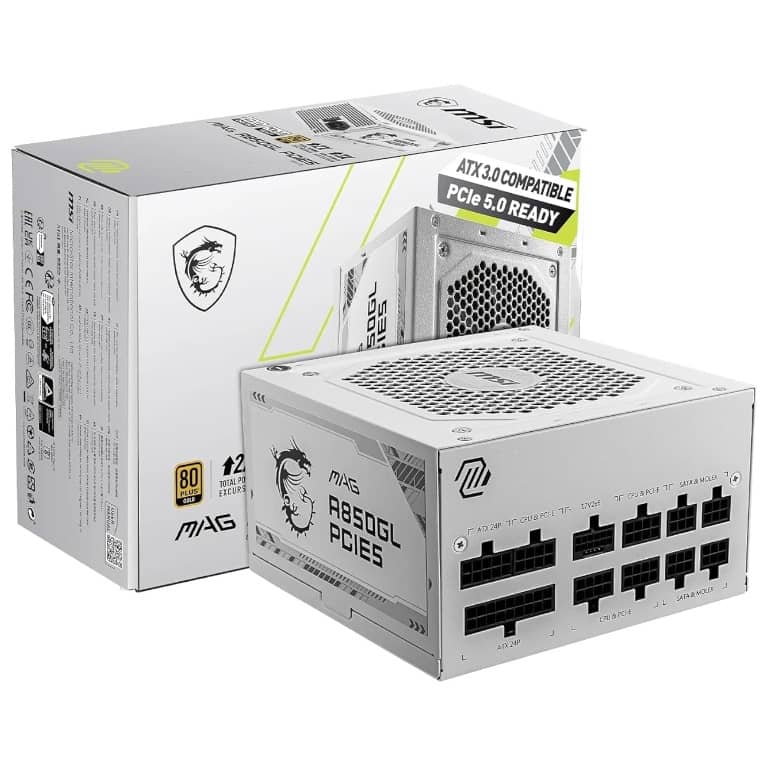 Alimentation ATX3.0 MSI MAG A850GL PCIE5 Blanc, 850W Modulaire 80PLUS Gold _ 306-7ZP8A24-CE0